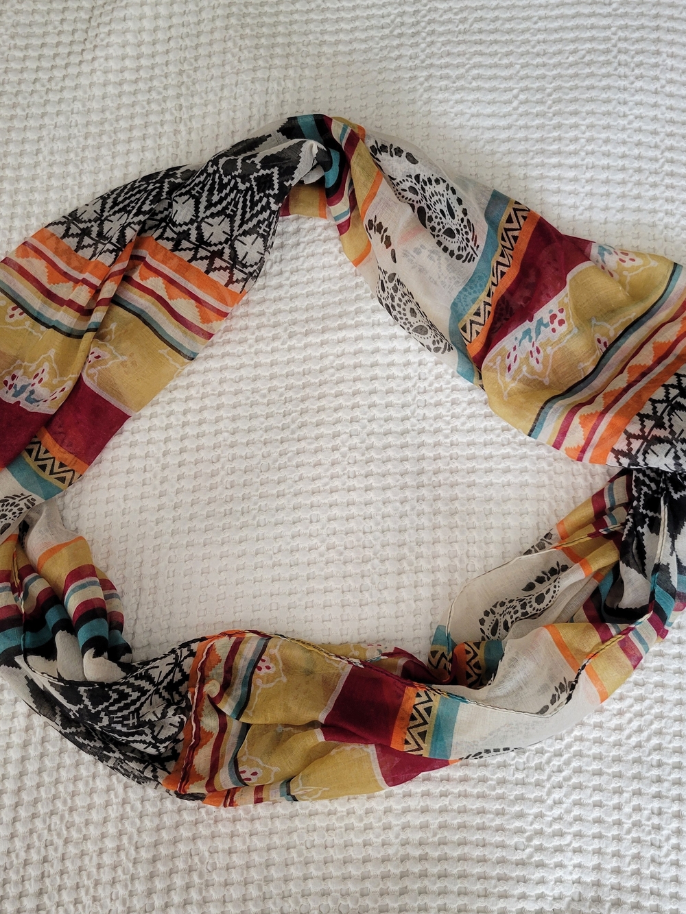 Multicolor Patterned Infinity Scarf - Red, Mustard, Teal, Black